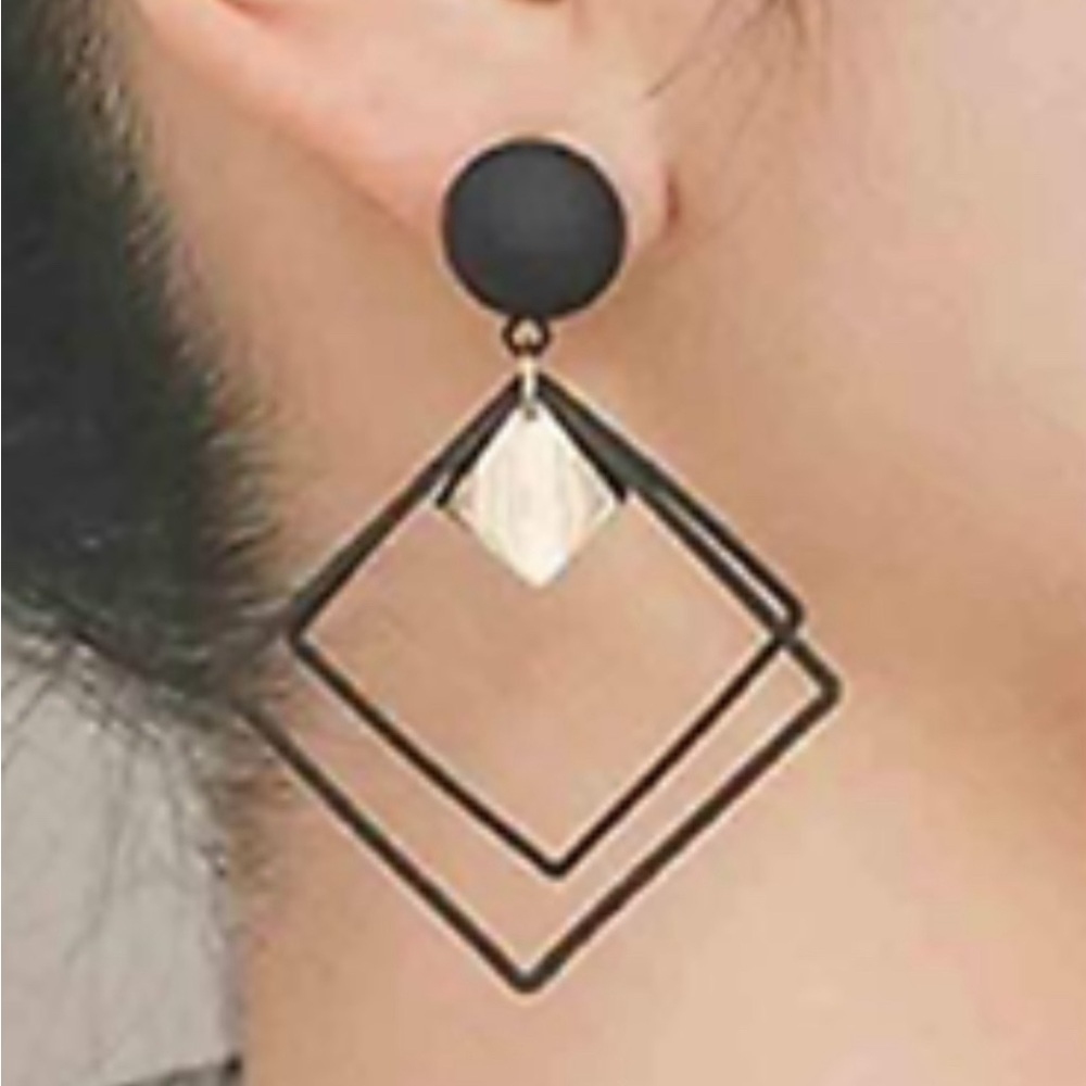 Geometric Black Rhombus  Drop Earrings